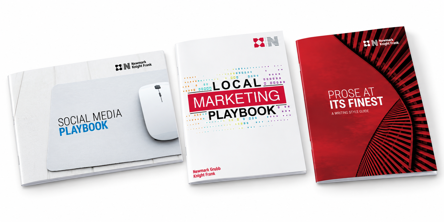 Printed booklet mockups of Newmark’s Social Media Playbook, Local Marketing Playbook and Writing Style Guide